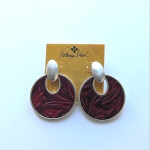 Patricia Nash Simone Doorknocker Earrings Tooled Leather Berry Red Matte Silver